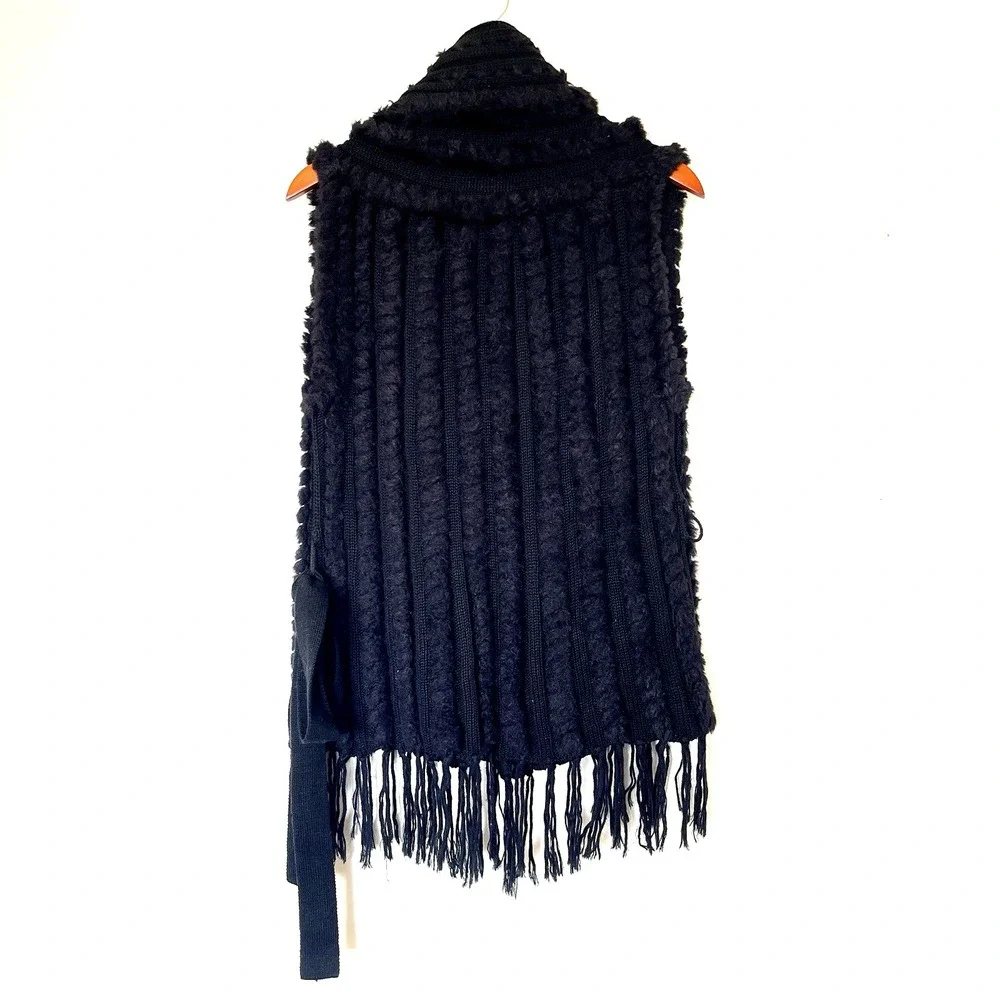 Vintage Y2K Bebe One Size‎ Faux Fur Sweater Vest Black Fringe Goth Grunge 90s
